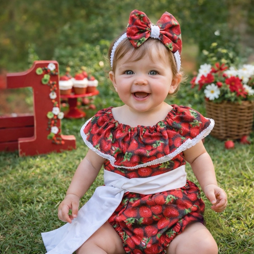 Strawberry Print Baby Outfit with Headband, romper, first birthday, beach romper
